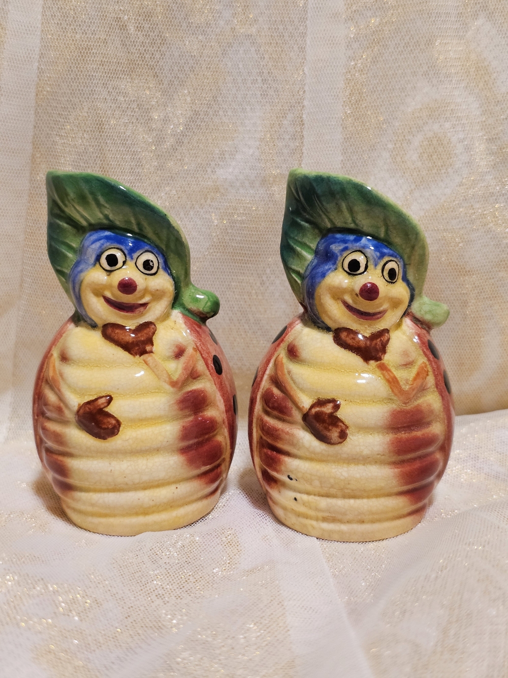 Vintage Ceramic Cute Bug Salt and Pepper Shakers - Yellow, Red, Green